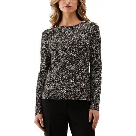 Rafaella Leopard‎ Print Top Gold Button Shoulder Long Sleeve Tee X-Small NWT $49 - Picture 1 of 12